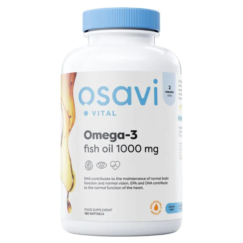A bottle of Osavi Omega3 fish oil softgels with lemon flavor, 120 capsules, against a white background.