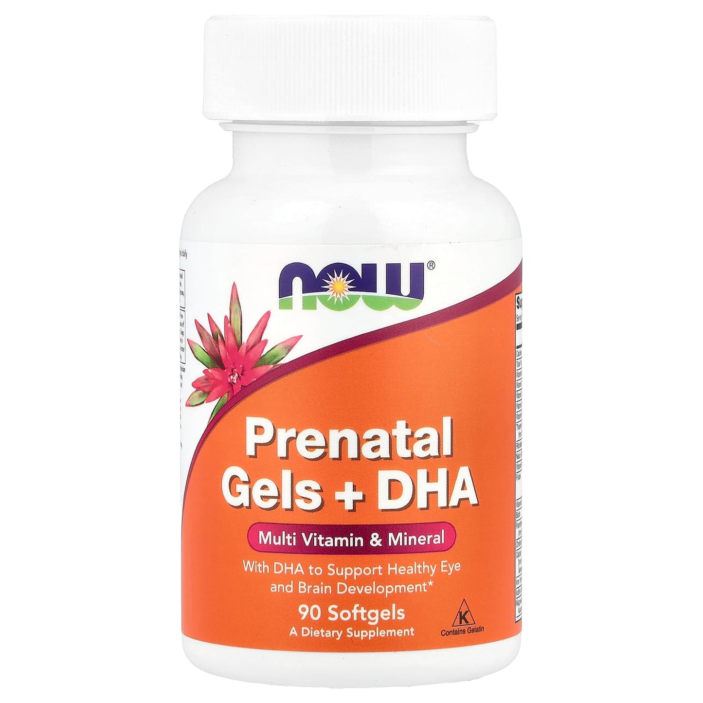 A bottle of NOW Prenatal Gels + DHA, which is a multivitamin and mineral supplement for pregnant women, containing 90 softgels.