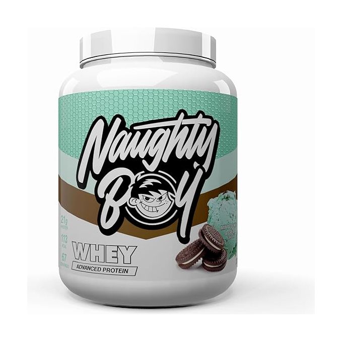 A tub of Naughty Boy Advanced Whey protein powder, predominantly white with brand logo and product name, against a plain background.
