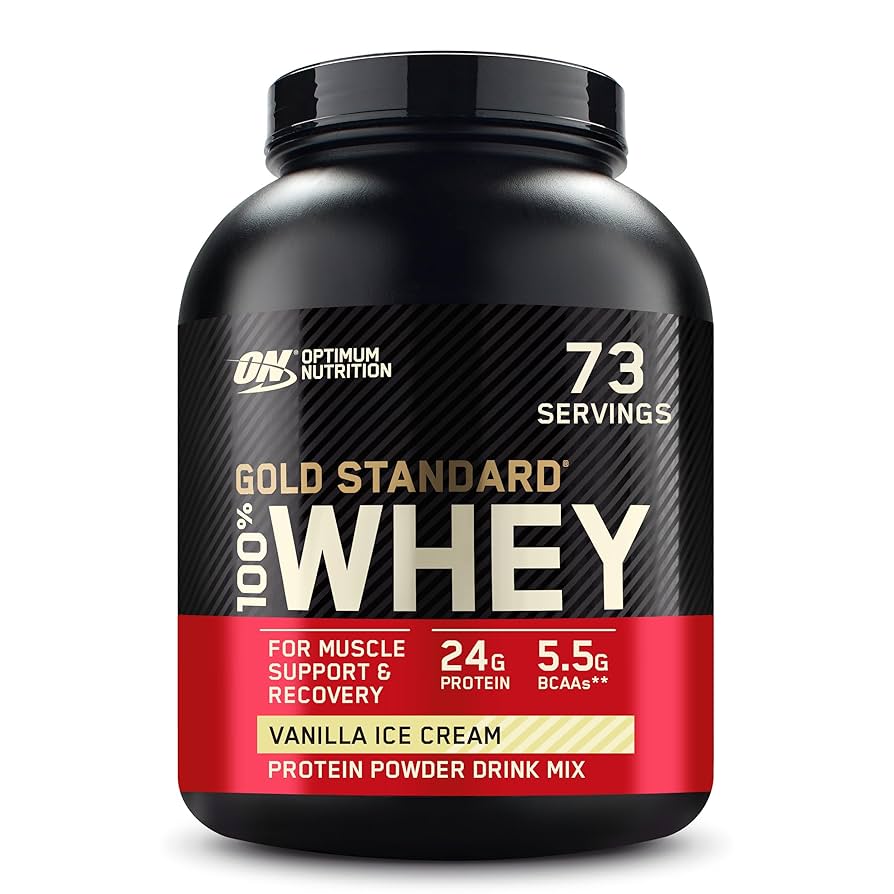 Optimum Nutrition Gold Standard 100% Whey protein powder container on a white background