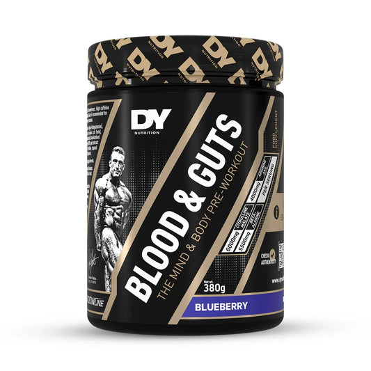 A container of DY Blood and Guts Pre-workout in Blueberry flavor, with an image of Dorian Yates and product information on the label.