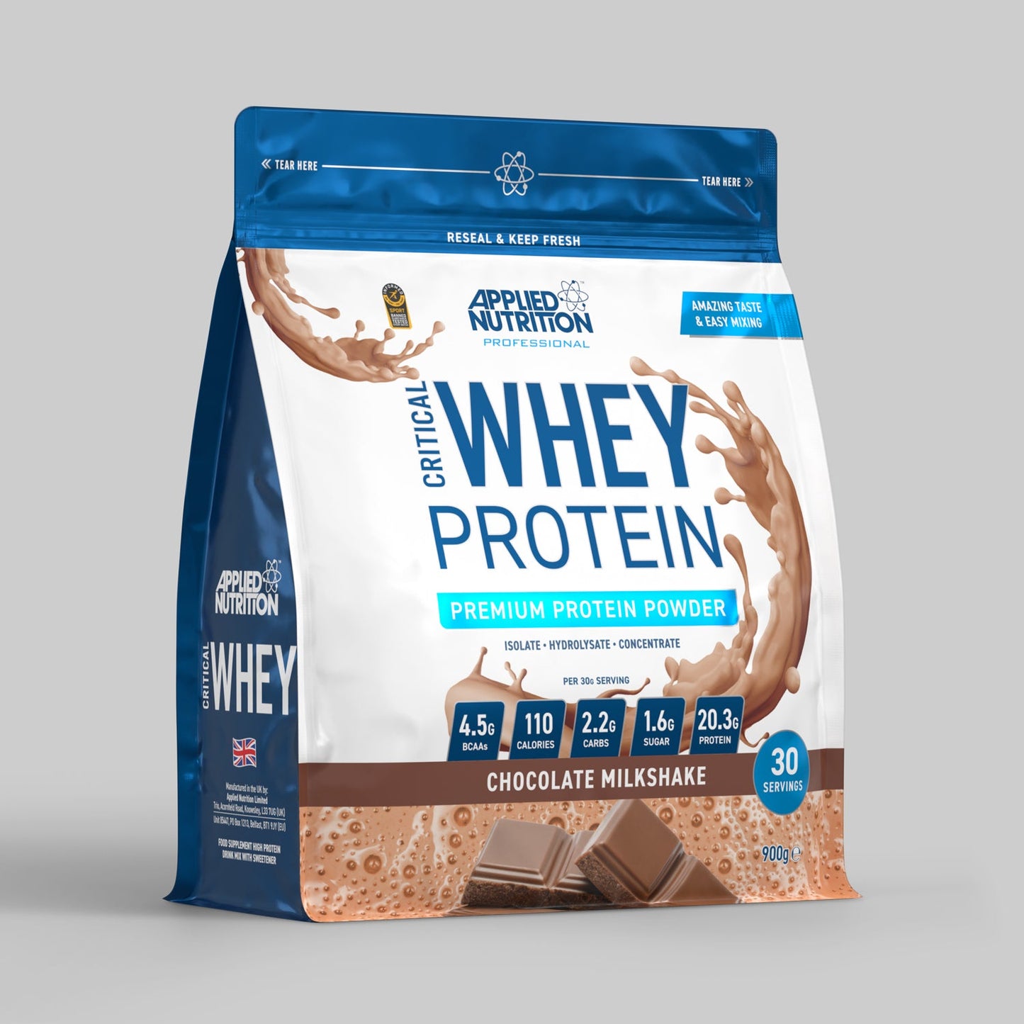 packet of applied nutrition critical whey in a plastic bag containing 900g