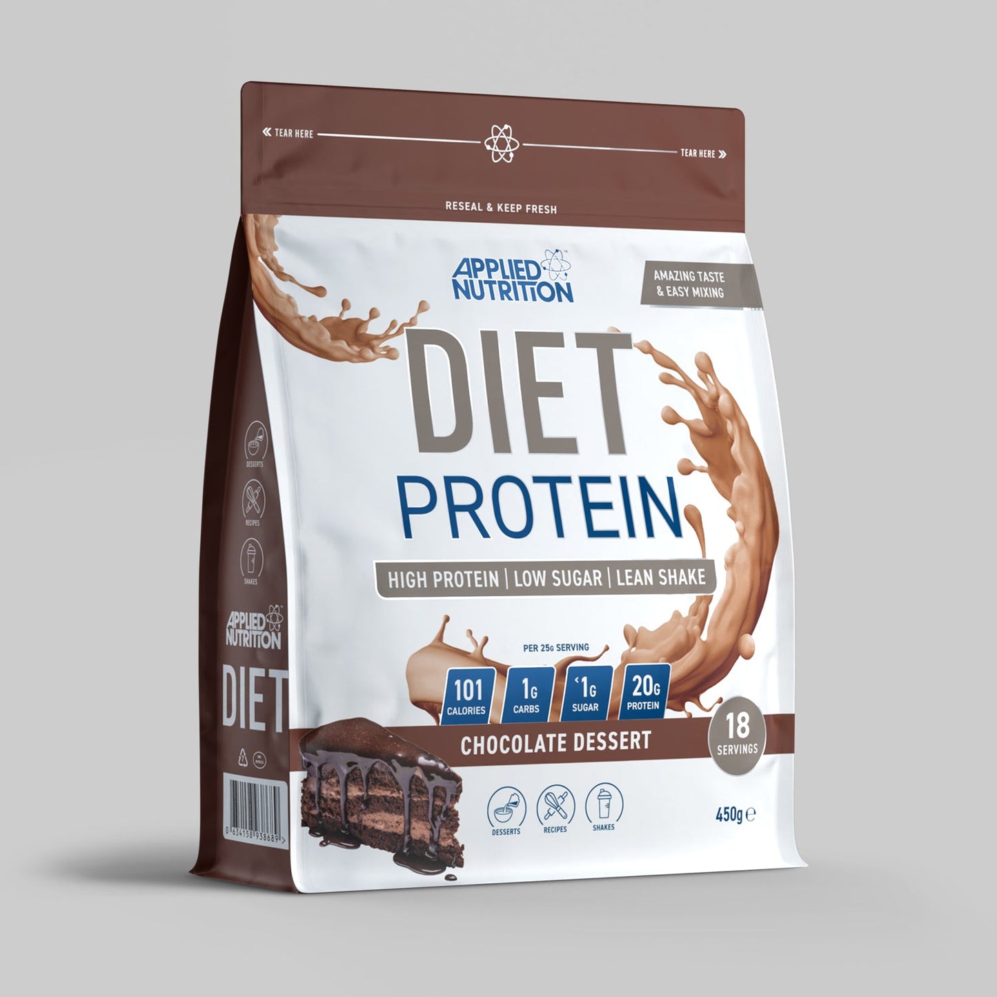 A package of Applied Nutrition Diet Whey Protein in chocolate dessert flavor, highlighting high protein, low sugar content, and 18 servings.