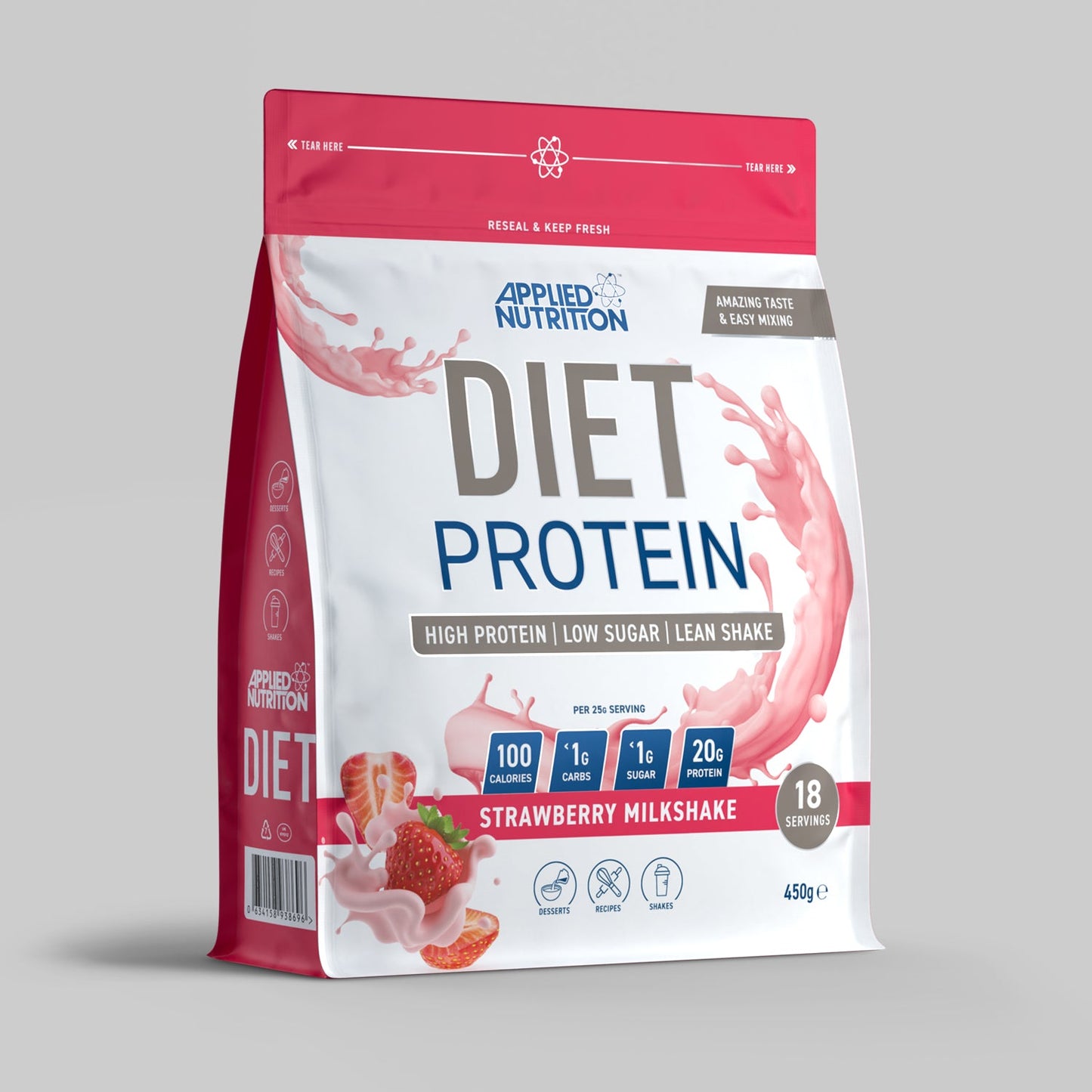 A package of Applied Nutrition Diet Whey Protein in chocolate dessert flavor, highlighting high protein, low sugar content, and 18 servings.