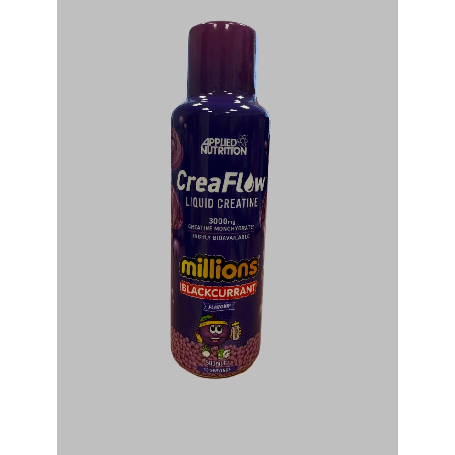 Bottle of Applied Nutrition CreaFlow Liquid Creatine with millions Blackcurrant flavor on a gray background