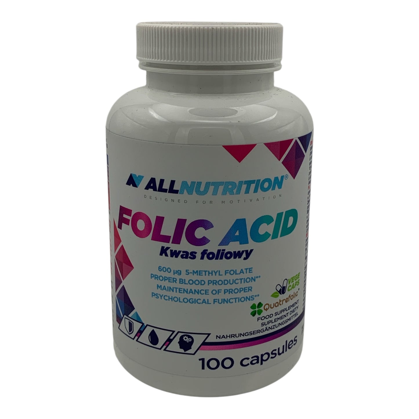 A bottle of AllNutrition Folic Acid 600mcg capsules with 100 capsules inside. The label on the bottle indicates that it is a dietary supplement for pregnancy.