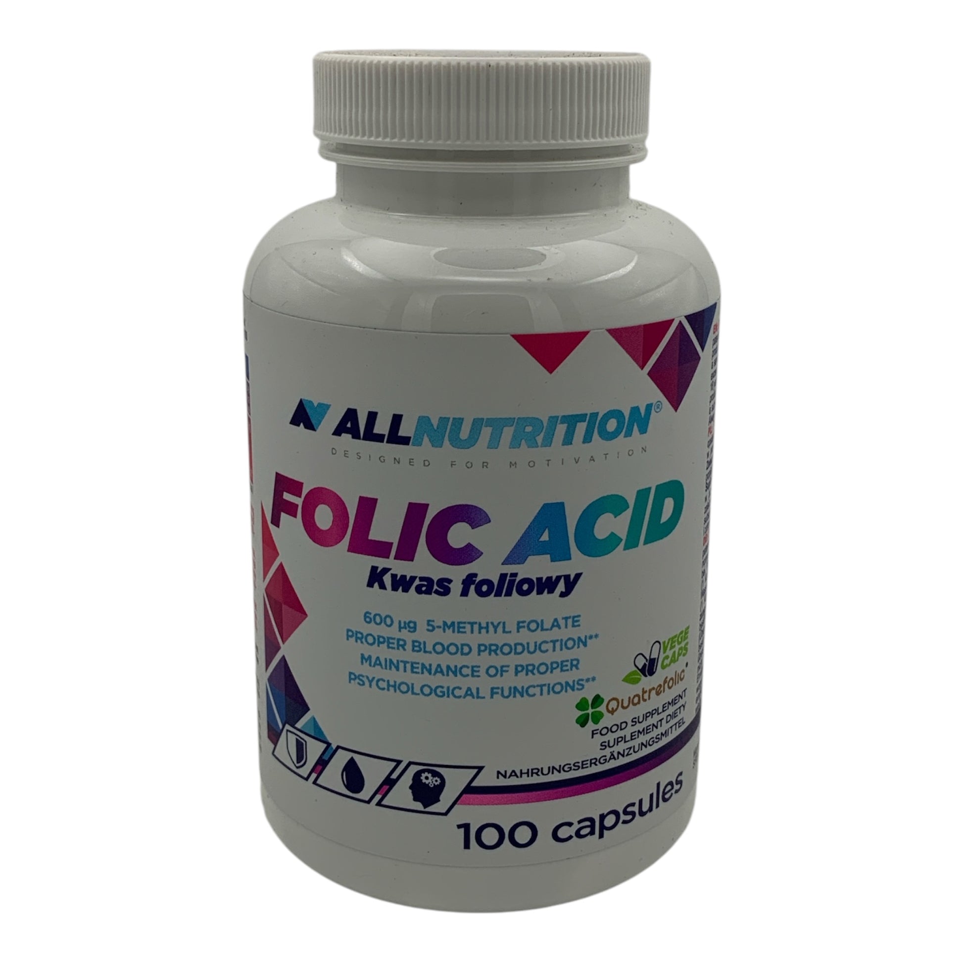 A bottle of AllNutrition Folic Acid 600mcg capsules with 100 capsules inside. The label on the bottle indicates that it is a dietary supplement for pregnancy.