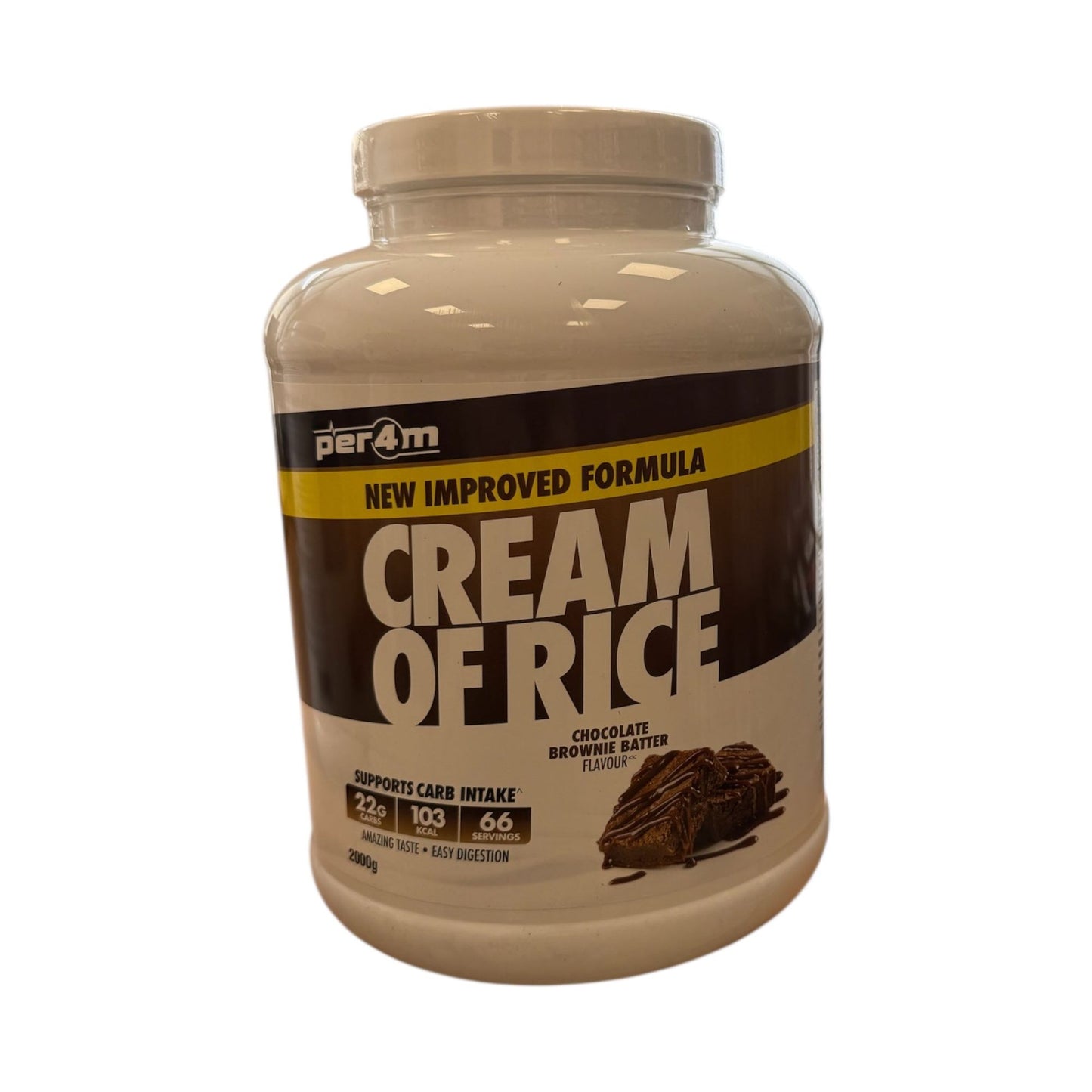 Container of 'Cream of Rice' with chocolate flavor on a white background