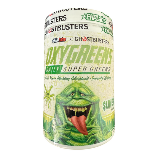 OxyGreens Daily Super Greens supplement container with Ghostbusters branding on a white background