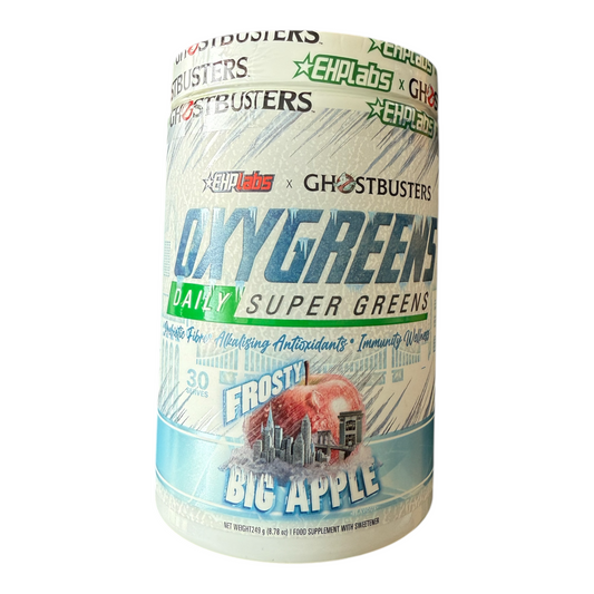Supplement container labeled 'OxyGreens Daily Super Greens' with branding on a white background