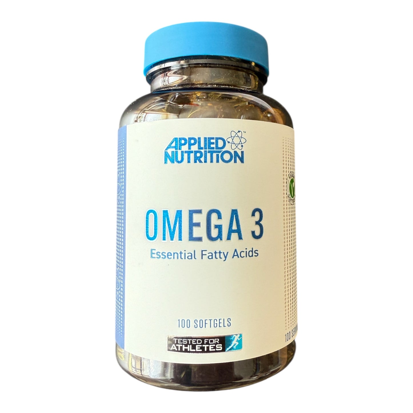 Bottle of Applied Nutrition Omega 3 supplement on a white background