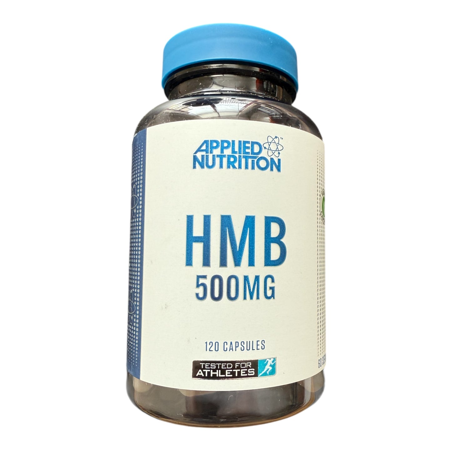 Bottle of Applied Nutrition HMB 500MG capsules on a white background