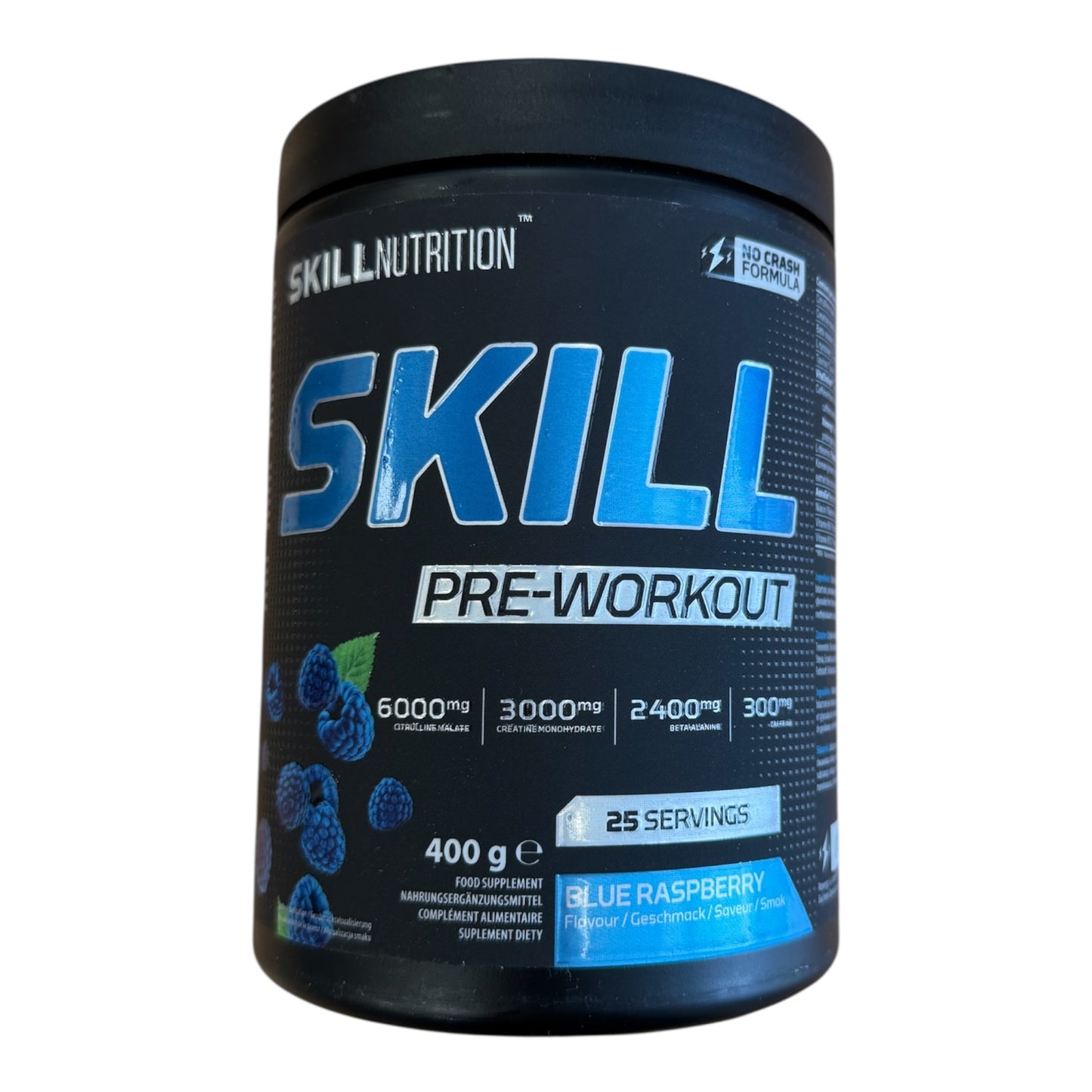 Skill Nutrition pre-workout supplement container on a white background