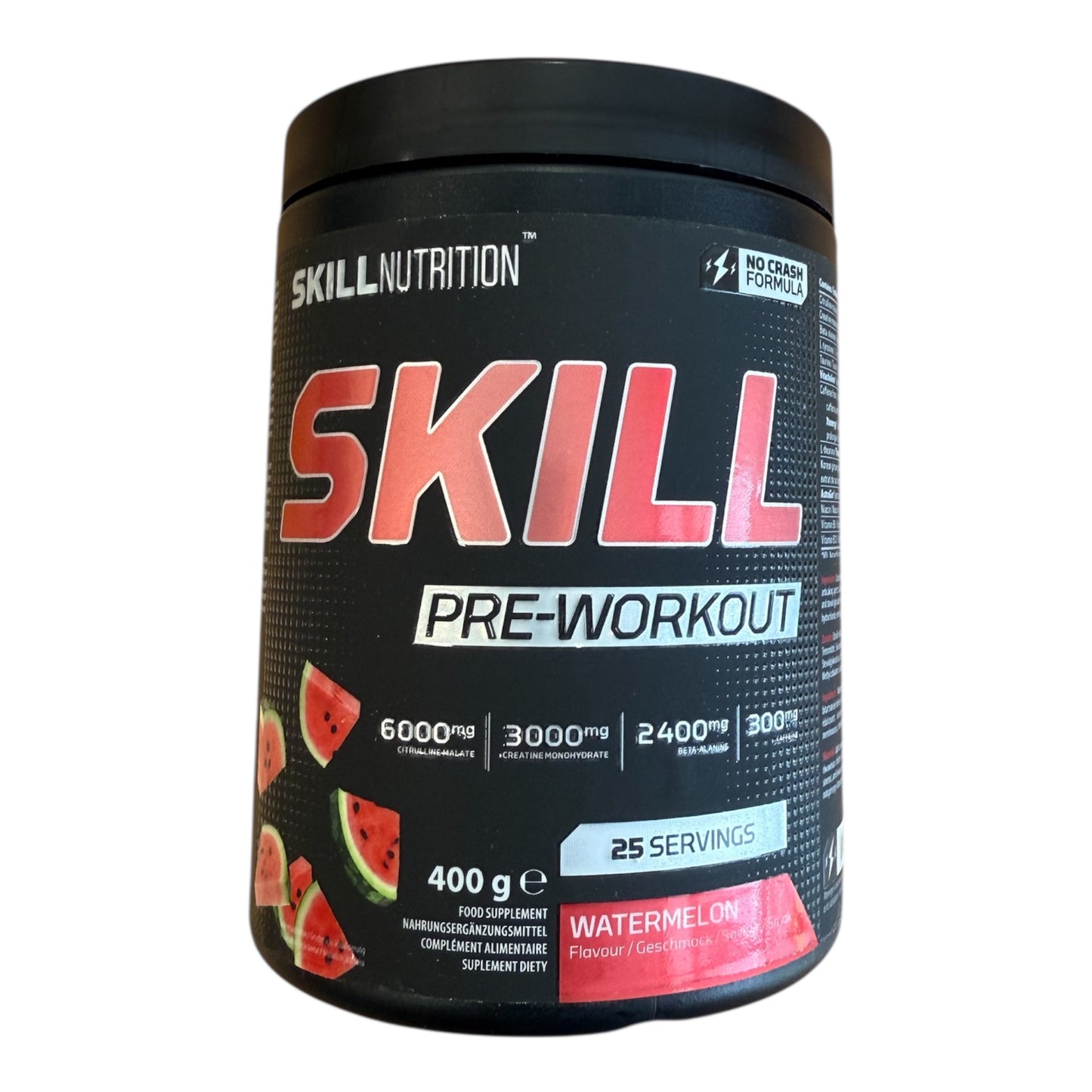 Skill Nutrition pre-workout supplement container with watermelon flavor on a white background