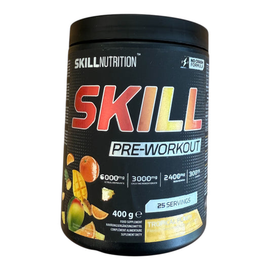 Skill Nutrition pre-workout supplement container on a white background