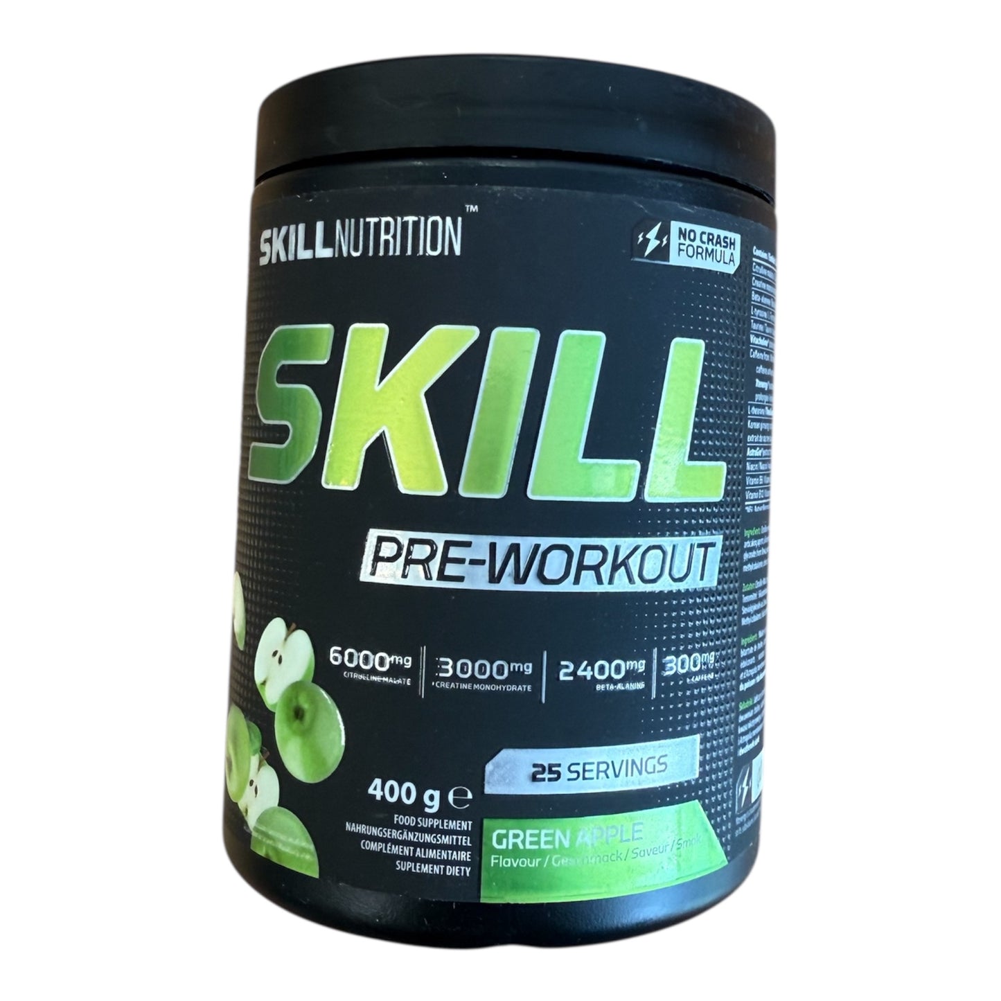 Skill Nutrition pre-workout supplement container on a white background