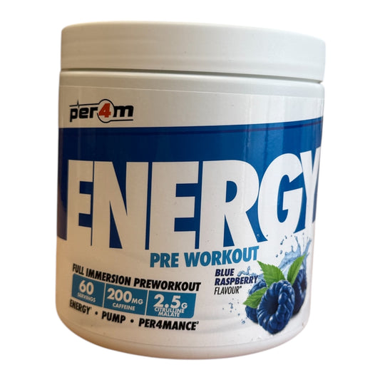 Pre-workout supplement container with blue raspberry flavor on a white background