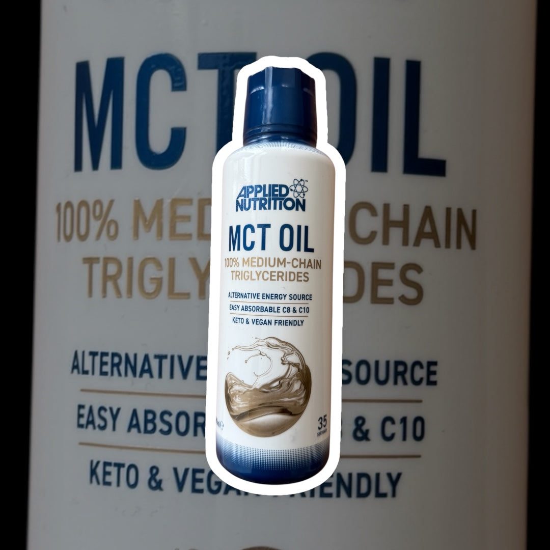 Applied Nutrition MCT Oil bottle with a blurred background