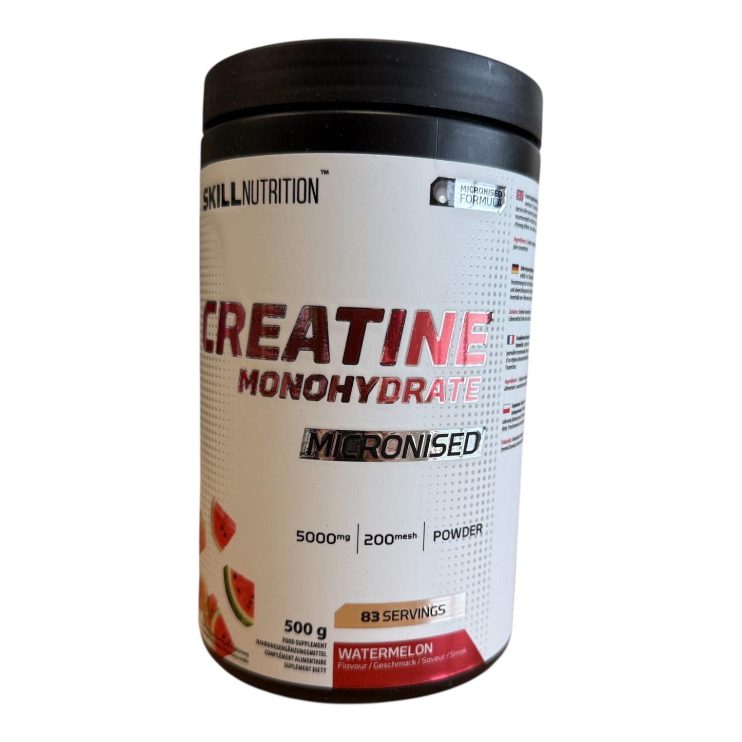 Container of Skill Nutrition Creatine Monohydrate powder on a white background