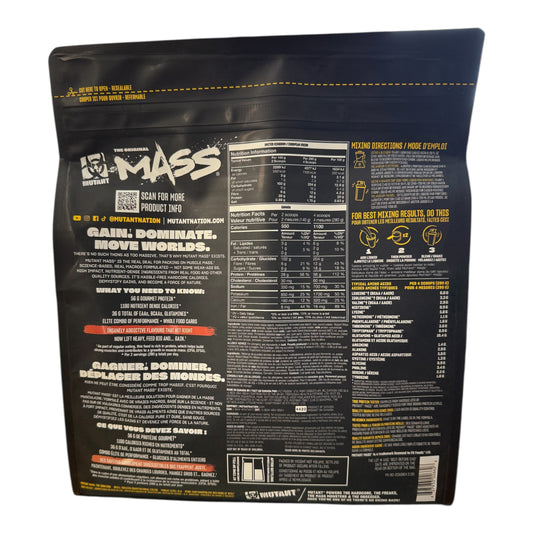 Back of a Mass supplement package with nutritional information and branding.