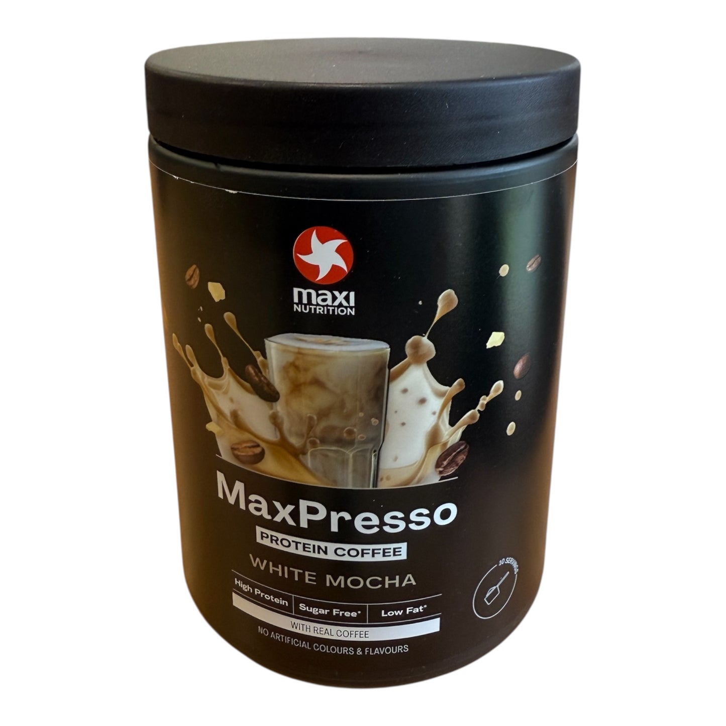 Maxi Nutrition MaxPresso Protein Coffee container on a white background
