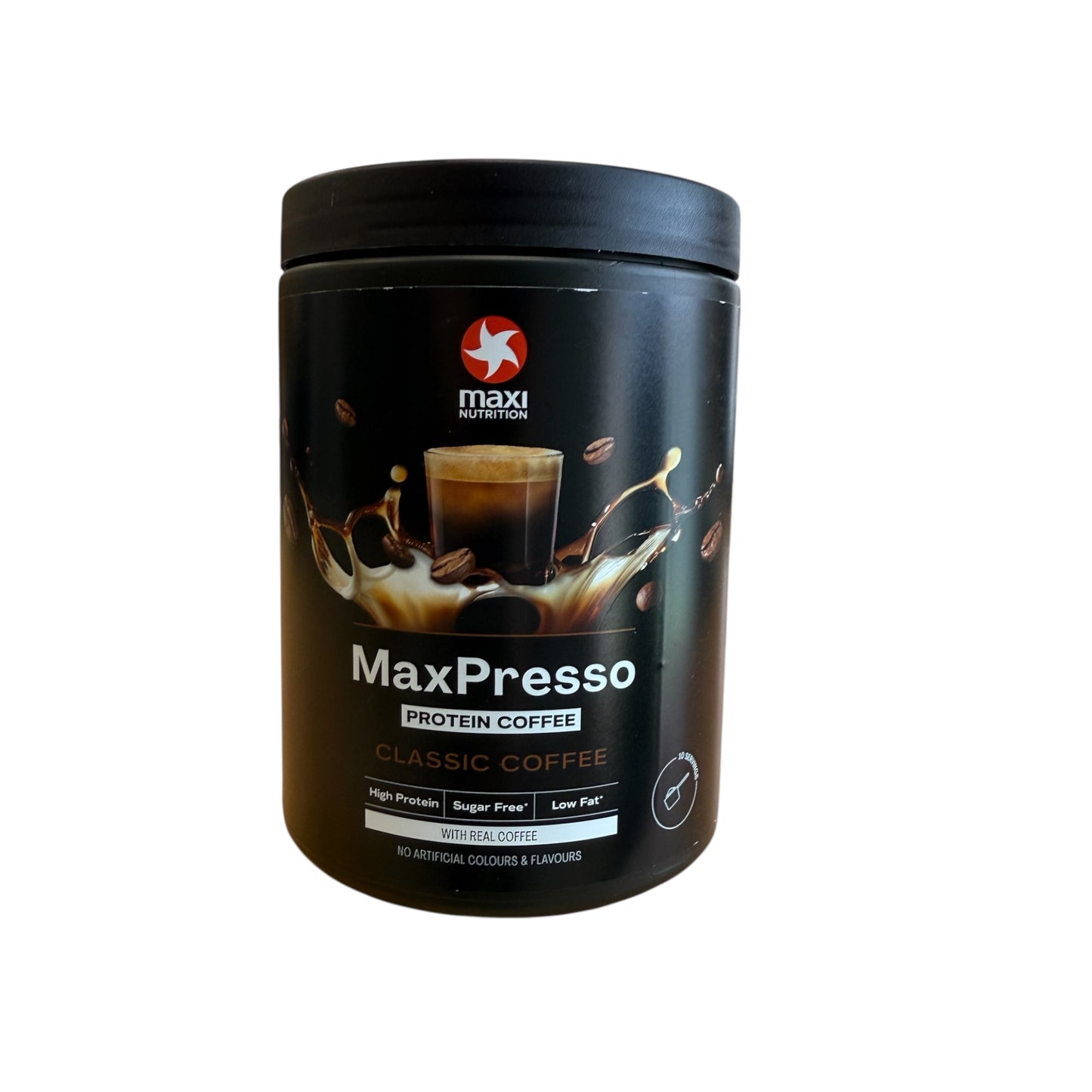 Maxi Nutrition MaxPresso Protein Coffee container on a white background