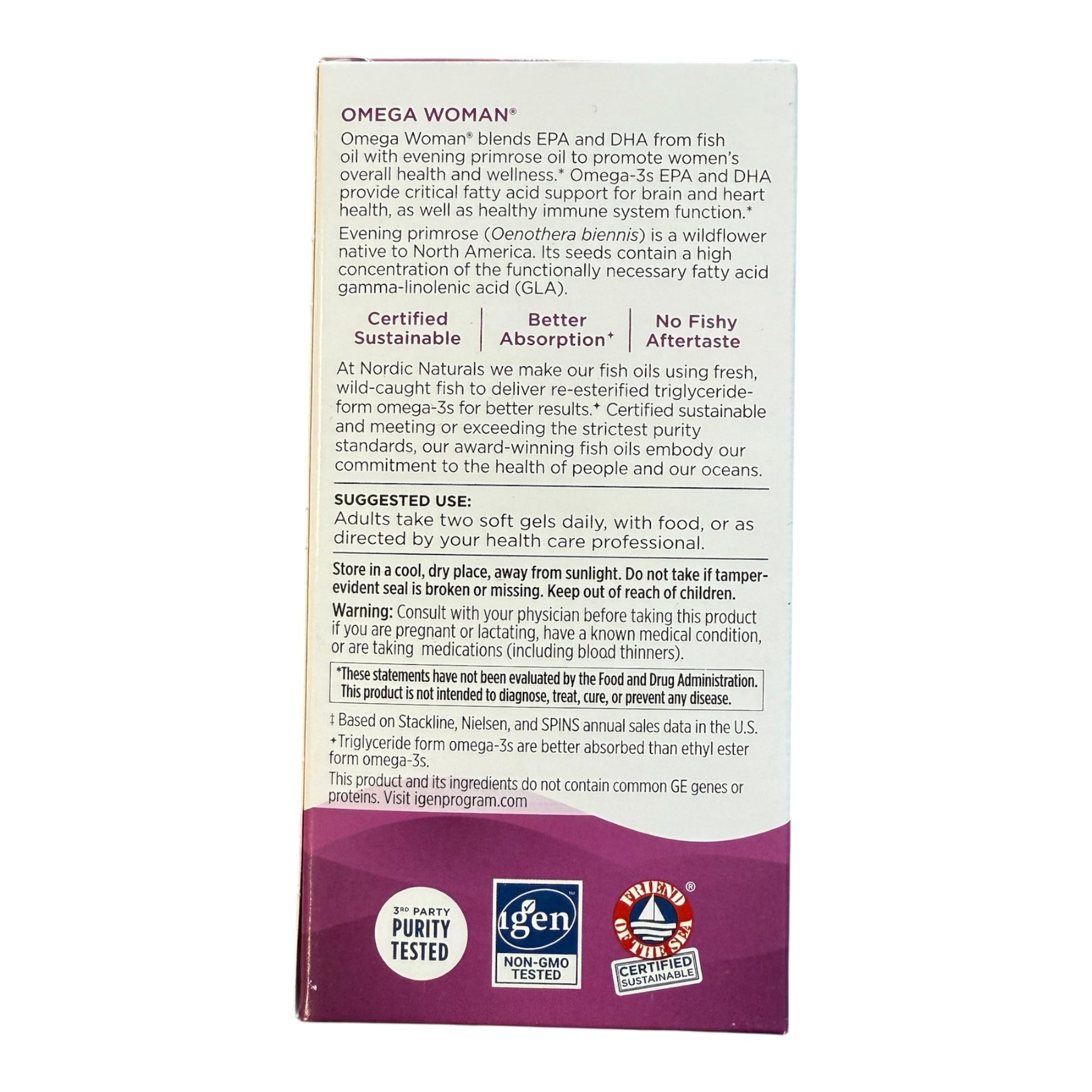 Nordic Naturals Omega Woman supplement packaging with text and logos on a white background