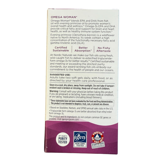 Nordic Naturals Omega Woman supplement packaging with text and logos on a white background
