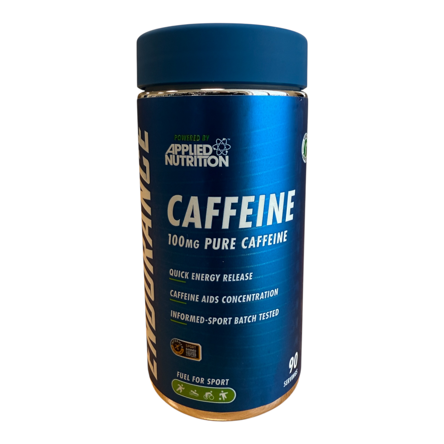 Blue container of Applied Nutrition caffeine supplement on a white background
