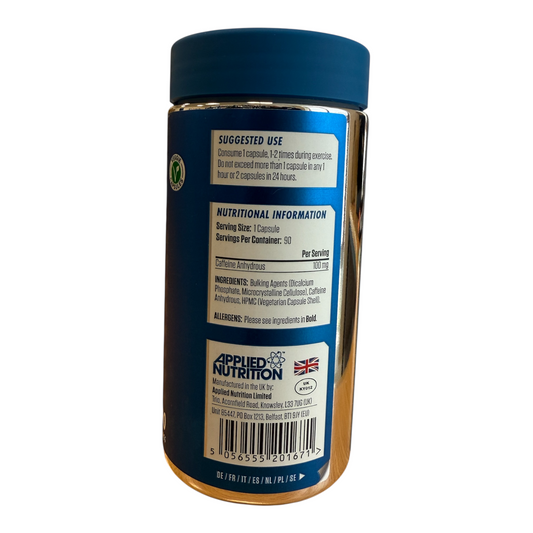 Supplement container with blue lid and Applied Nutrition label on a white background