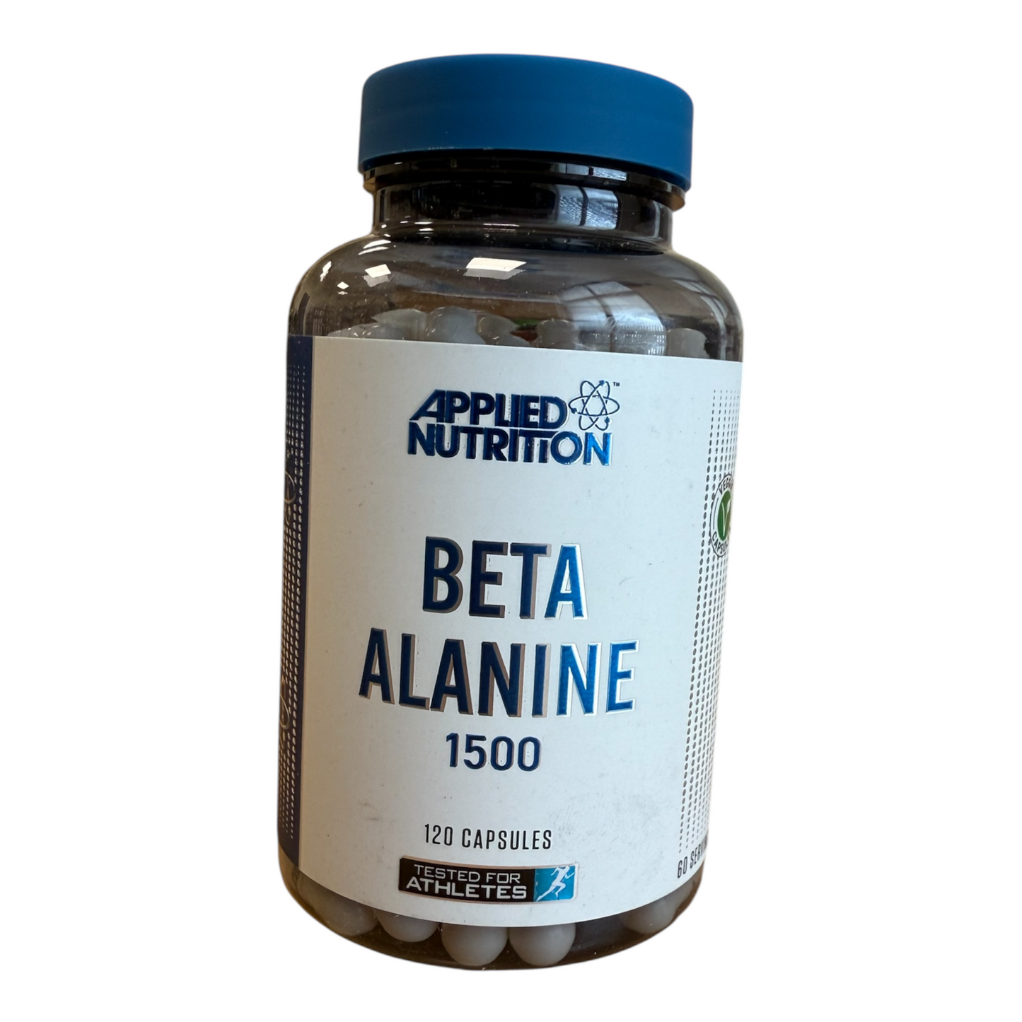 Bottle of Applied Nutrition Beta Alanine 1500 supplement on a white background