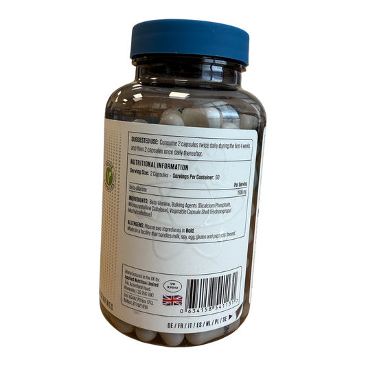 Bottle of capsules with a blue cap on a white background