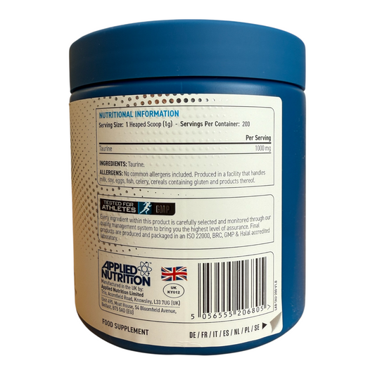 Back label of a supplement container with nutritional information and branding.