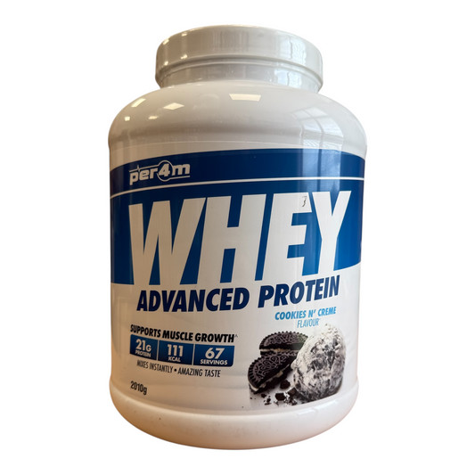 Whey protein powder container with blue and white label on a white background, COOKIES AND CREAM FLAVOUR