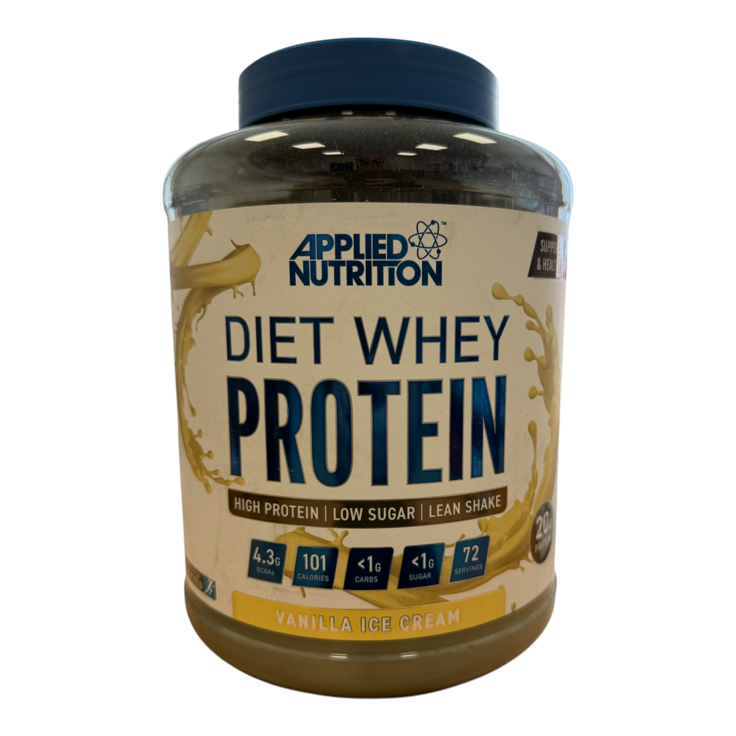 Applied Nutrition Diet Whey Protein container with vanilla ice cream flavor on a white background