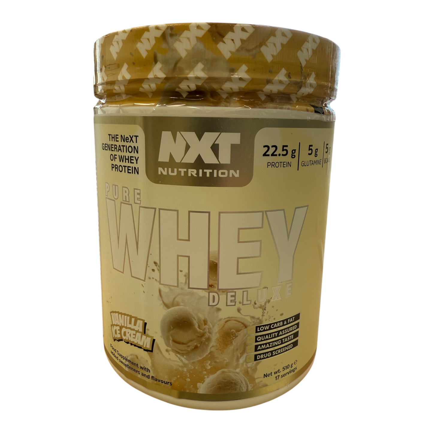 NXT Nutrition Pure Whey Deluxe protein powder jar on a white background