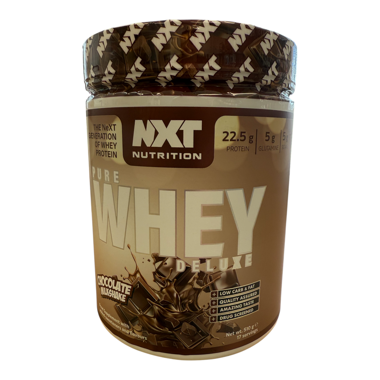 NXT Nutrition Pure Whey Deluxe protein powder container on a white background