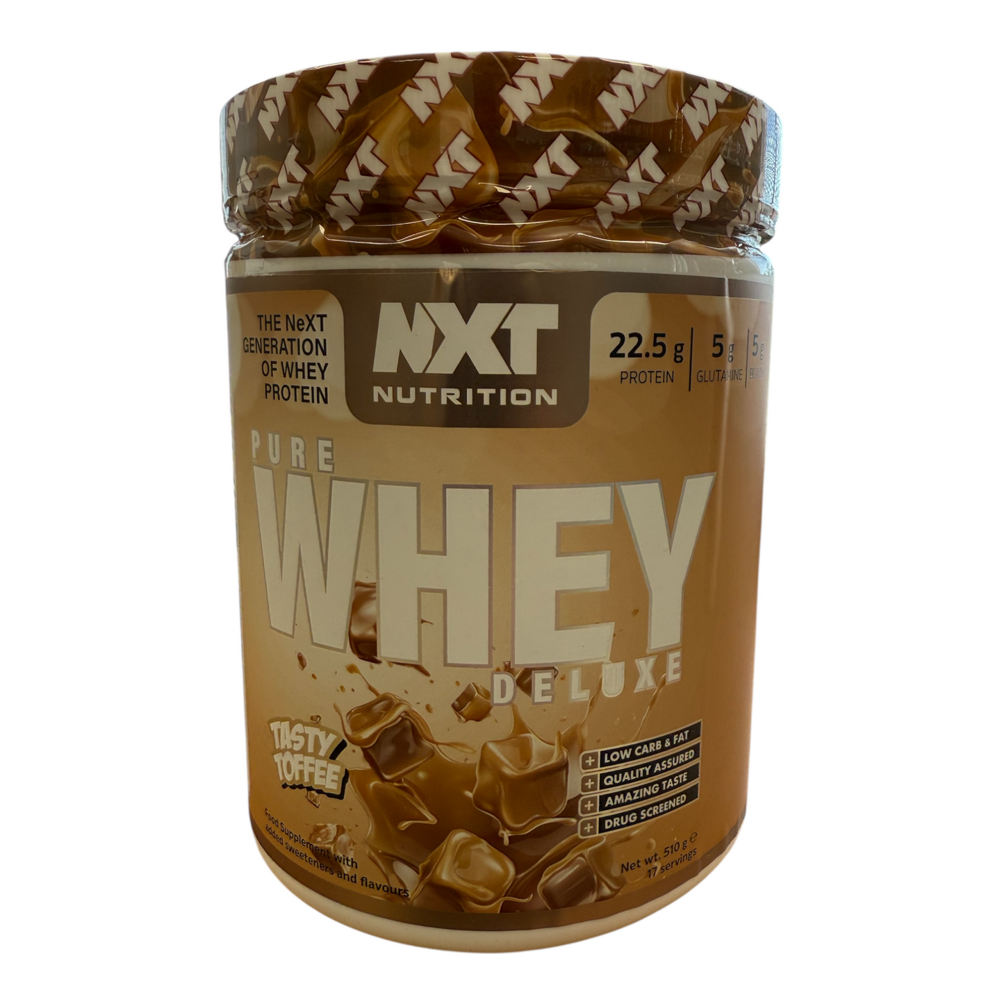 NXT Nutrition Pure Whey Deluxe protein powder container on a white background