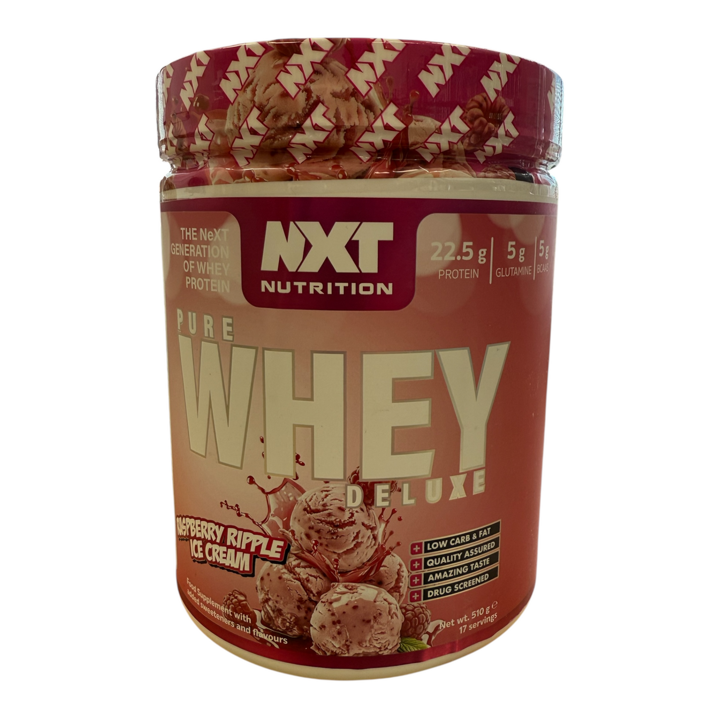 NXT Nutrition Pure Whey Deluxe protein powder container on a white background