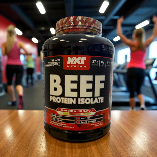 Beef protein isolate bottle with people exercising in the background in strawberry and lime