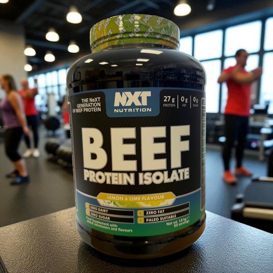 NXT Nutrition Beef Protein Isolate container with people in a gym in the background in lemon and lime