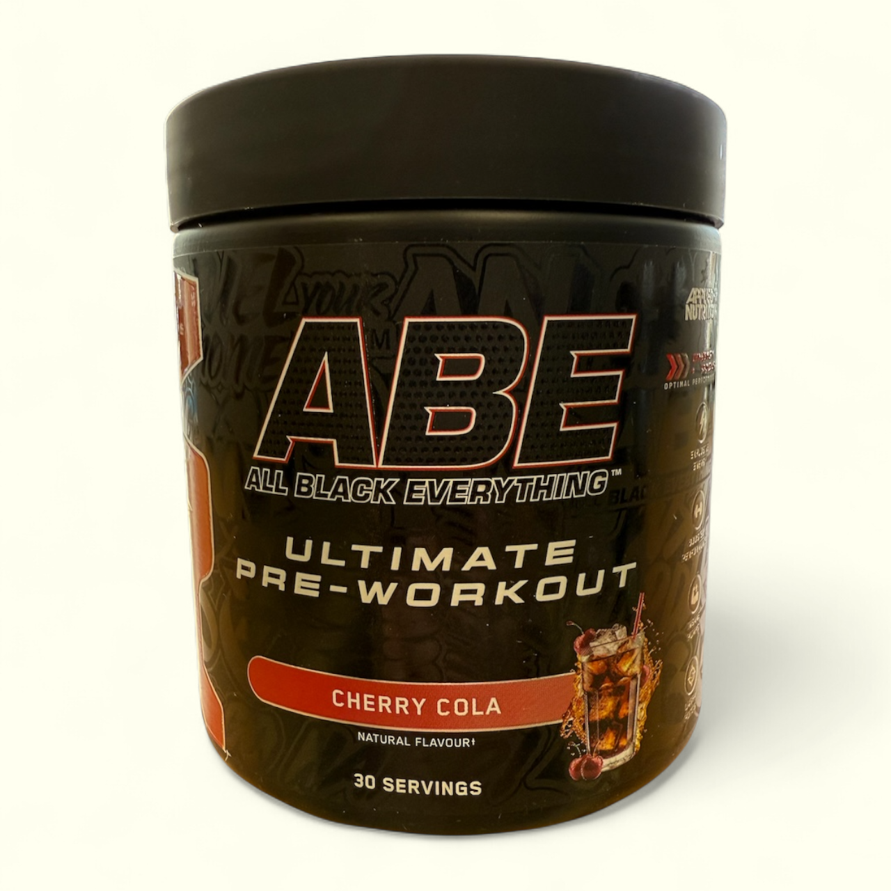 Cherry cola Abe All Black Everything pre-workout supplement container on a white background