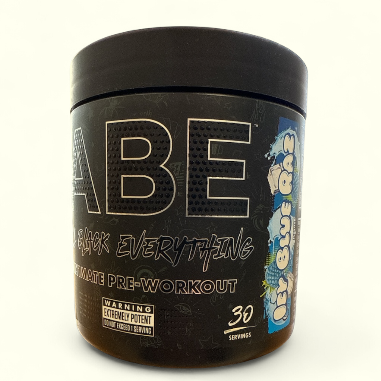 Black pre-workout supplement container with 'ABE' branding on a white background