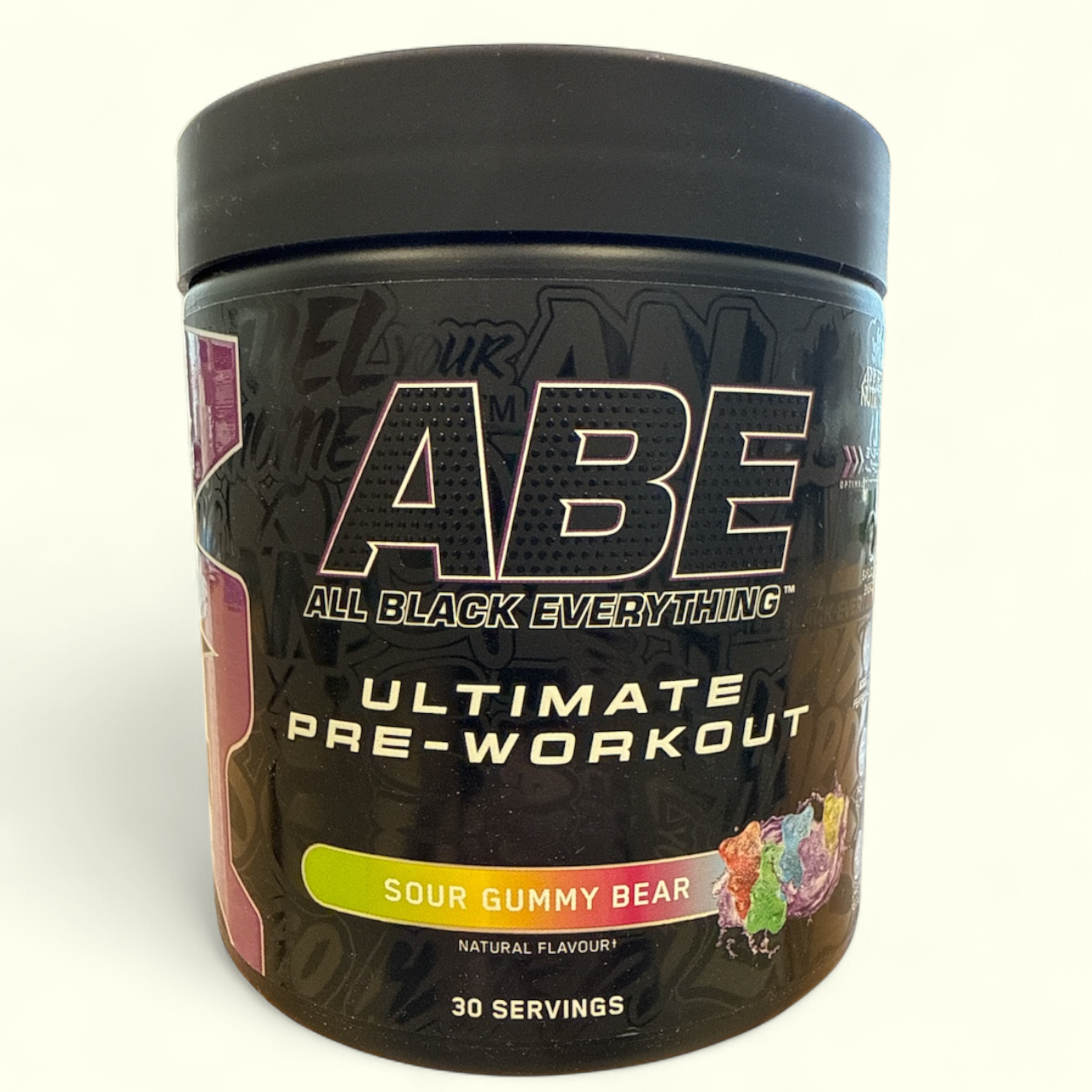 Abe Ultimate Pre-Workout supplement container on a white background in sour gummy bear flavour