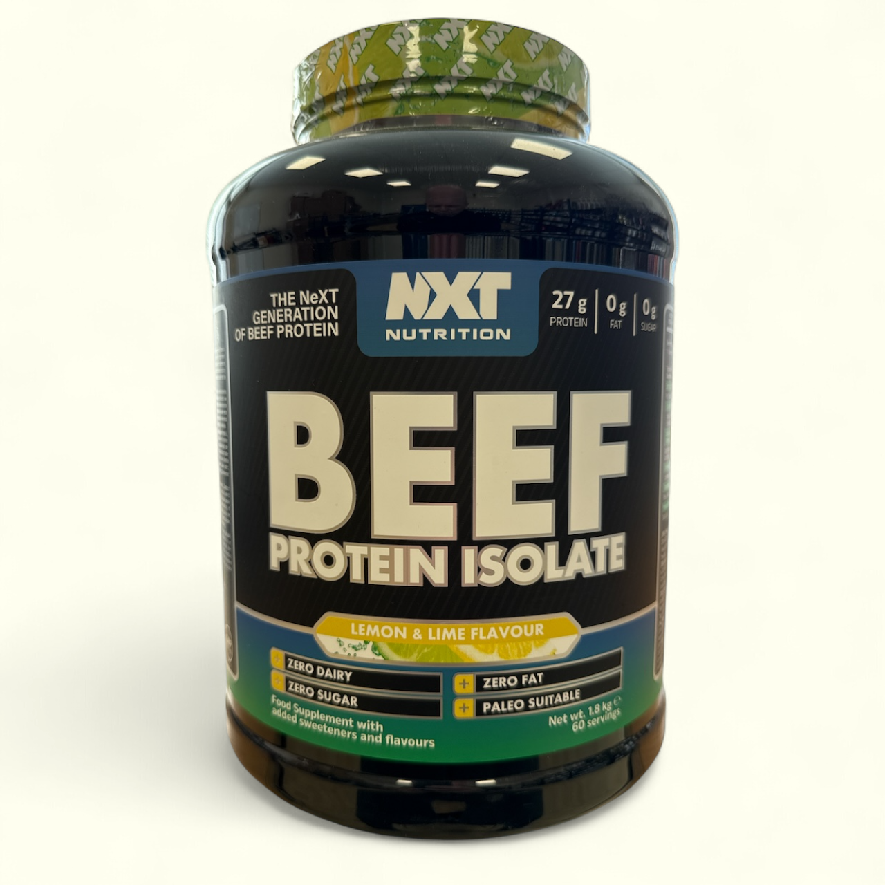 Lemon and Lime NXT Nutrition Beef Protein Isolate supplement bottle on a white background