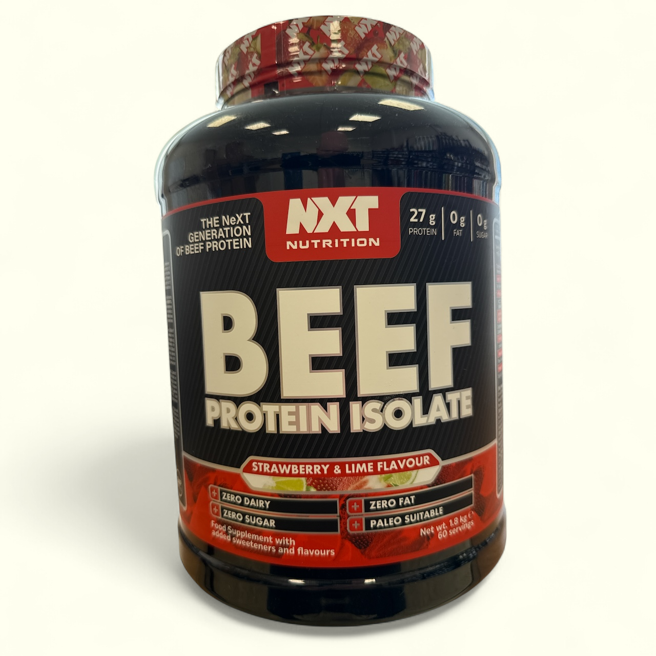 Strawberry and Lime Beef protein isolate container with NXT Nutrition branding on a white background