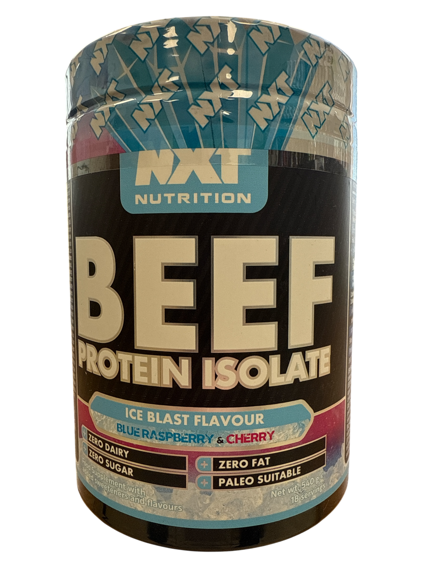 NXT Nutrition Beef Protein Isolate container with flavor details on a white background in ice blast flavour