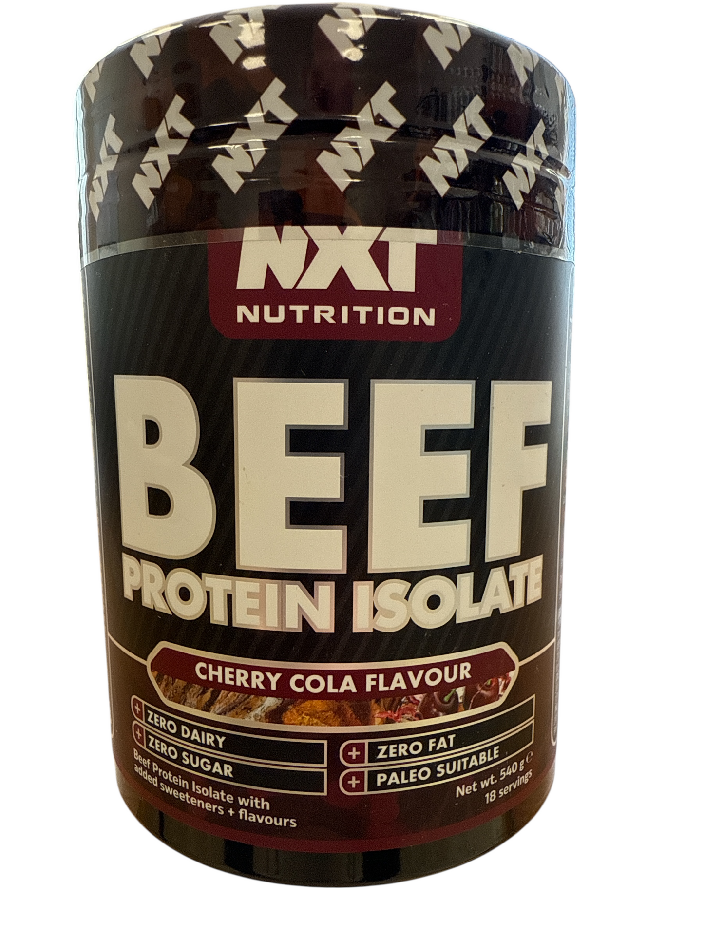 NXT Nutrition Beef Protein Isolate container with cherry cola flavor on a white background