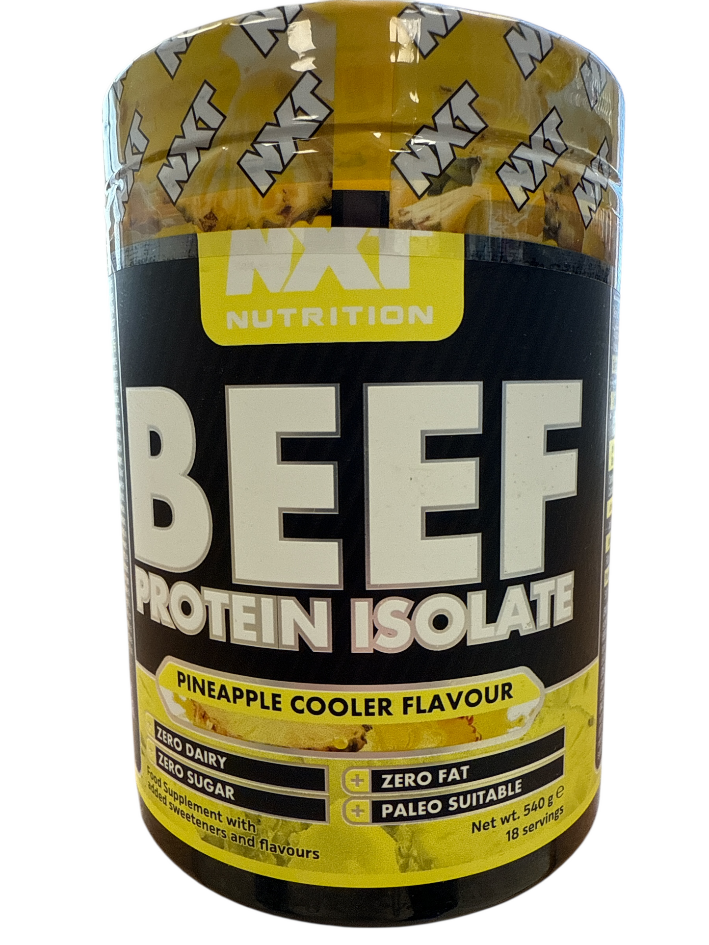 Beef protein isolate container with pineapple cooler flavor on a white background