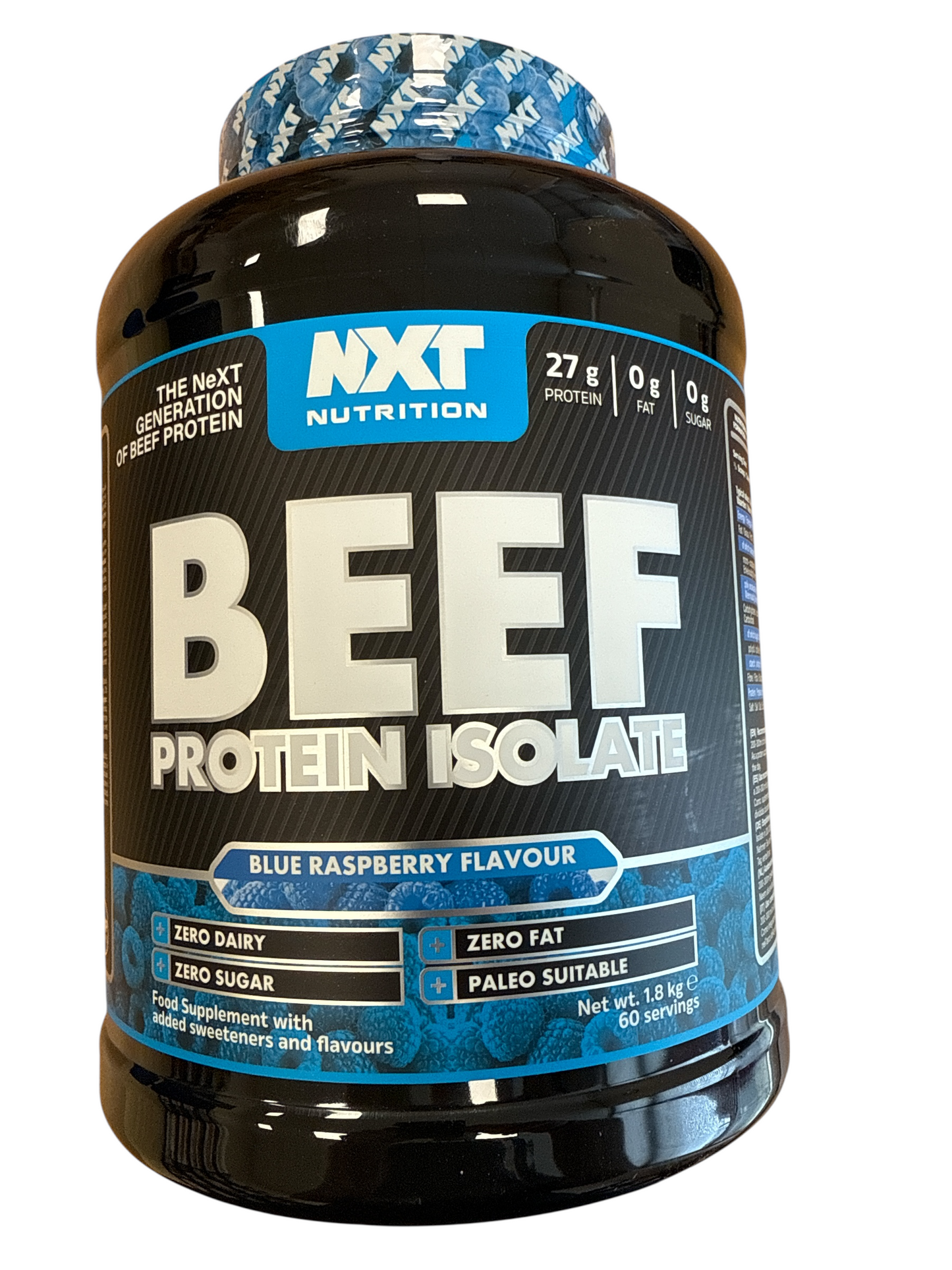 Blue Raspberry NXT Nutrition Beef Protein Isolate container with blue label on a white background